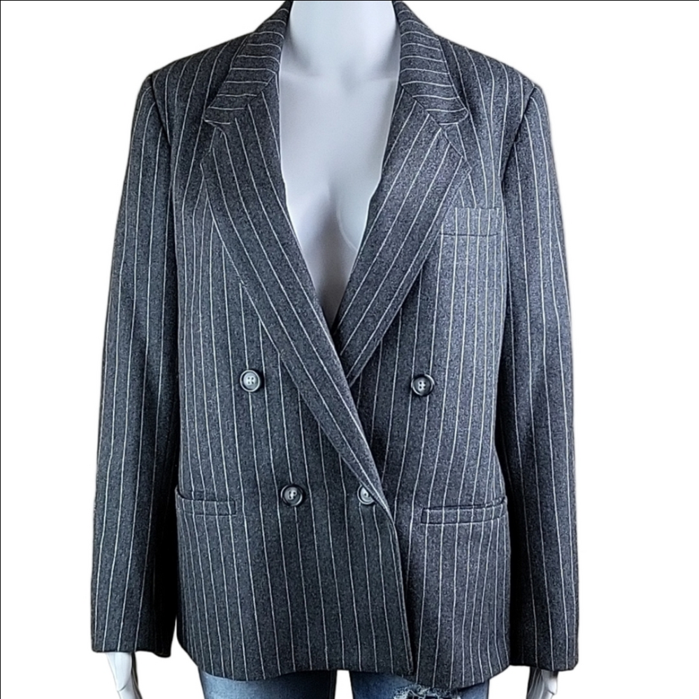 Vintage 80s Villagio Sport Wool Grey Pinstripe Double Breasted Jacket Blazer